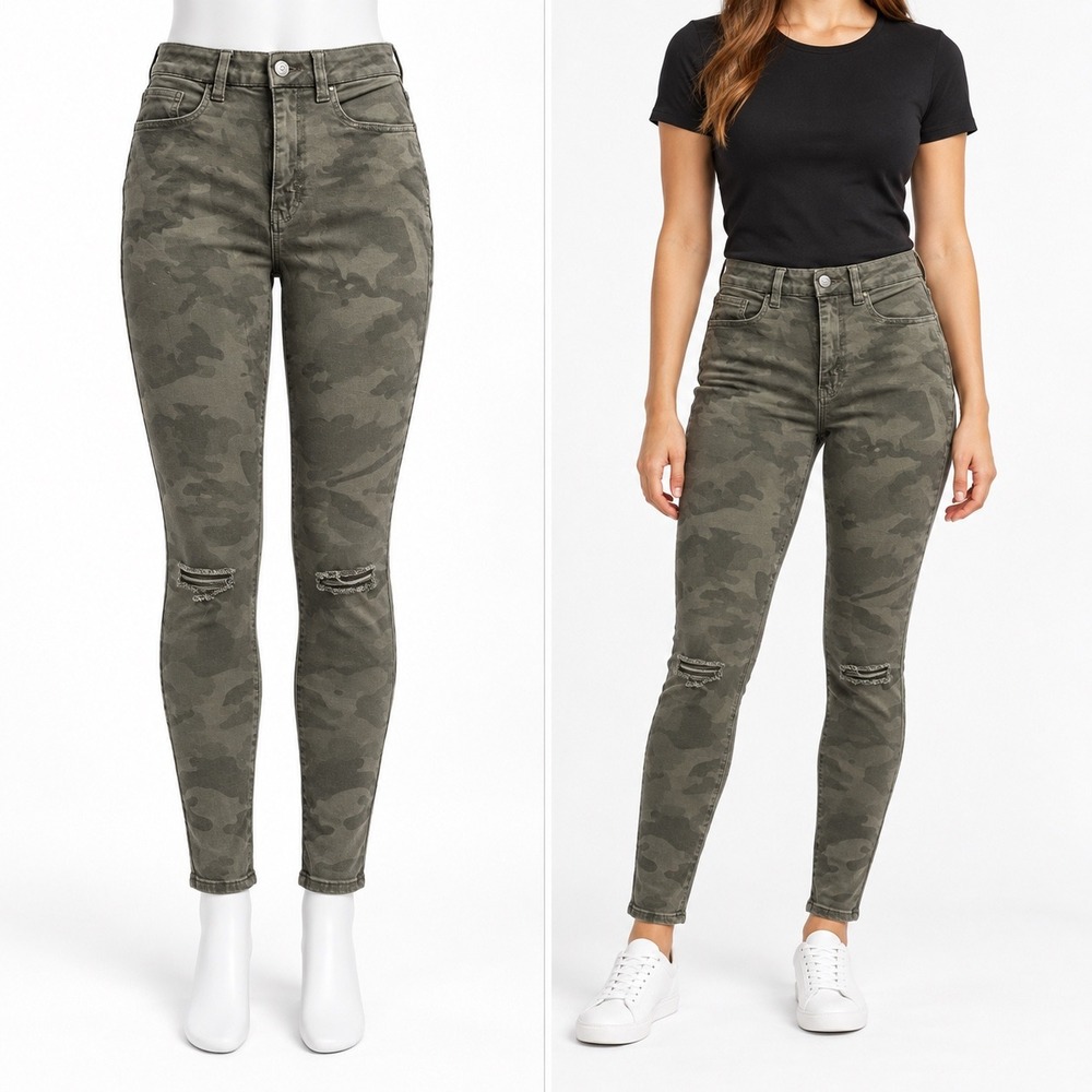 American Eagle Curvy Super Hi-Rise Jegging Women 8 Regular Green Camo Distressed